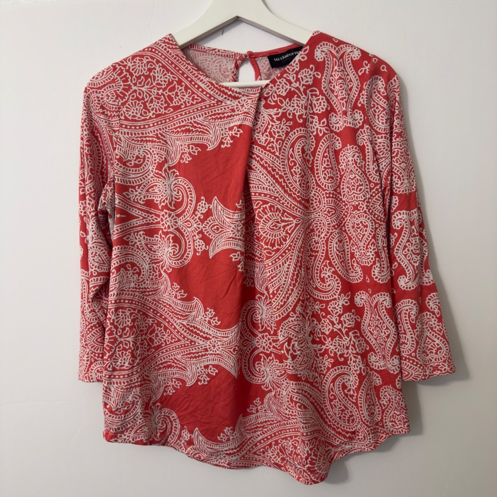 Liz Claiborne Blouse Womens S Red Paisley 3/4 Sleeve Pleated Top Office Preppy